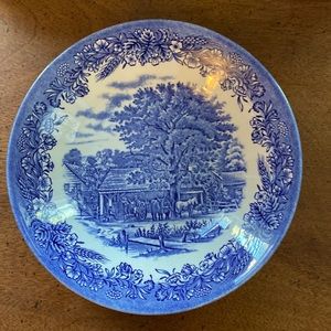 Churchill England blue and white plate with oxen and farm scene approx 8” across